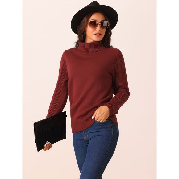 High Neck Long Sleeve Casual Chunky Warm Pullover Sweater Top Wine Red - Picture 3 of 5